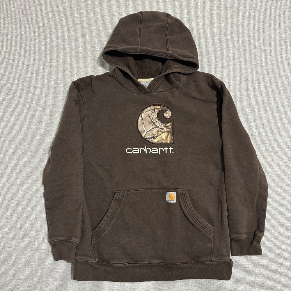 Carhartt Brown Camo Logo Pullover Hoodie Long Sleeve Distressed Boys XL 18-20